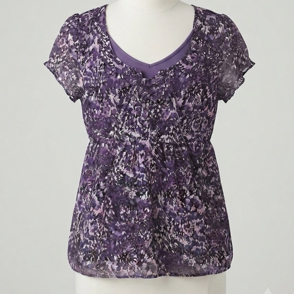a.n.a A New Approach Purple Floral Lace Up Babydoll Blouse Ruffle Sleeve Large